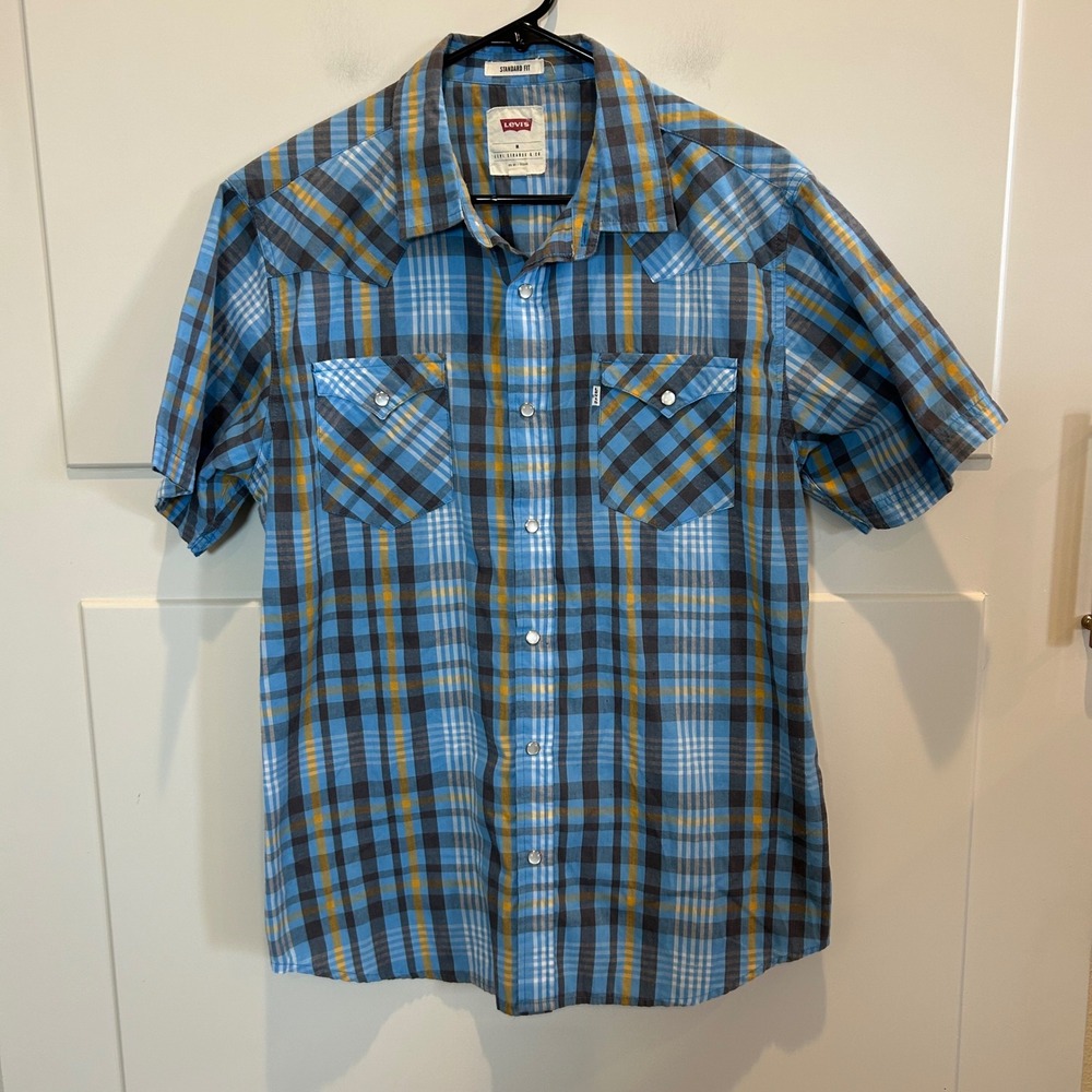 Levis Mens Blue Plaid Short Sleeve Western Pearl Snap‎ Shirt Standard Fit Medium